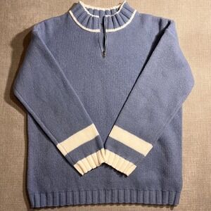 Blue 1/4 Zip Pullover Sweater Large Striped Cuffs